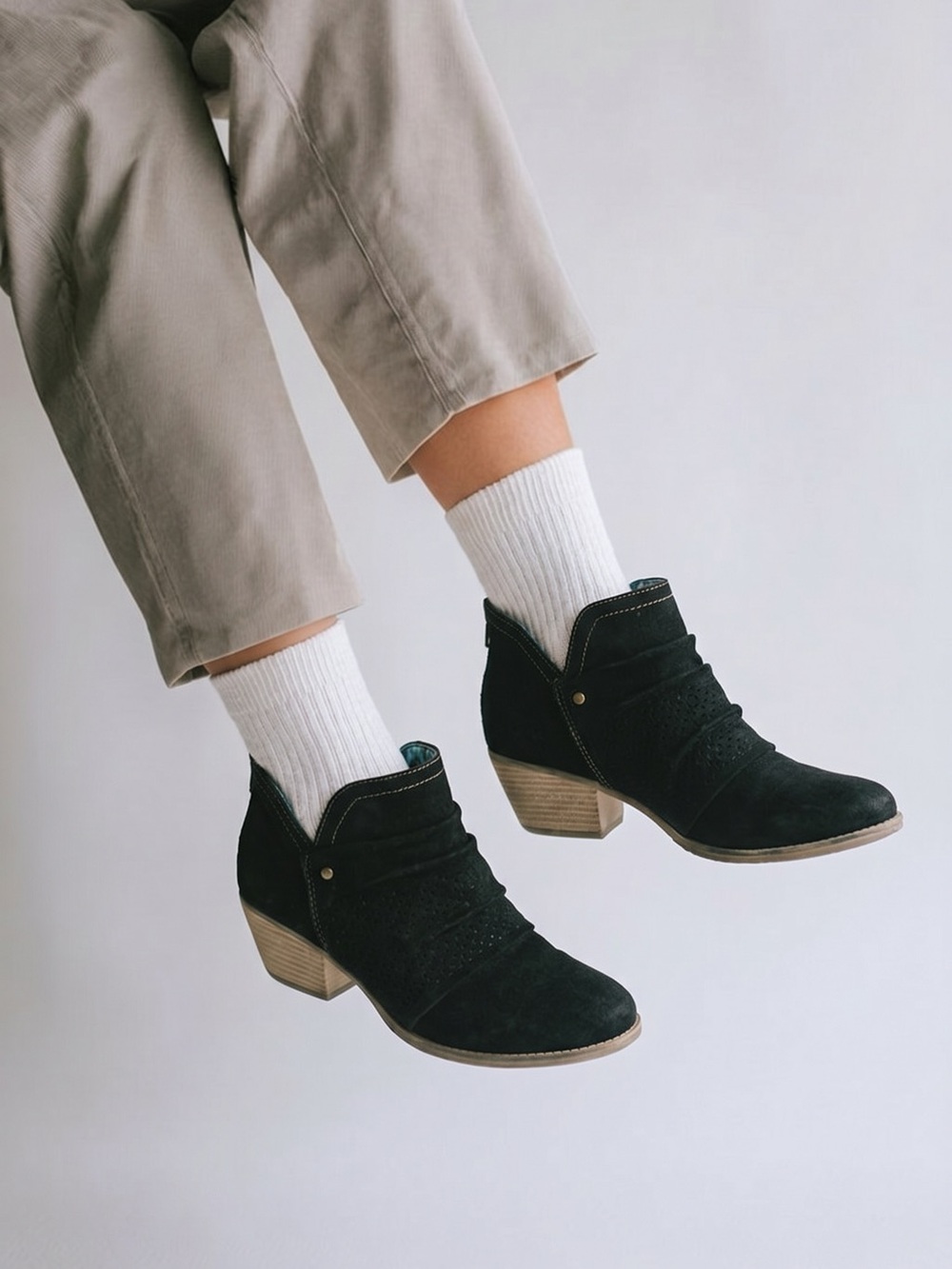 Earth Origins Black Suede Ankle Booties with Tan Stacked Heel